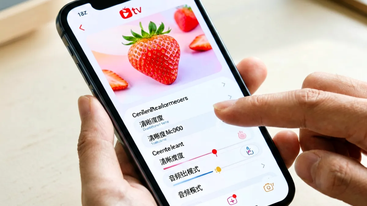 手机屏幕上展示草莓tv的播放设置界面，显示清晰度选择和音频模式选项，手指正在切换参数