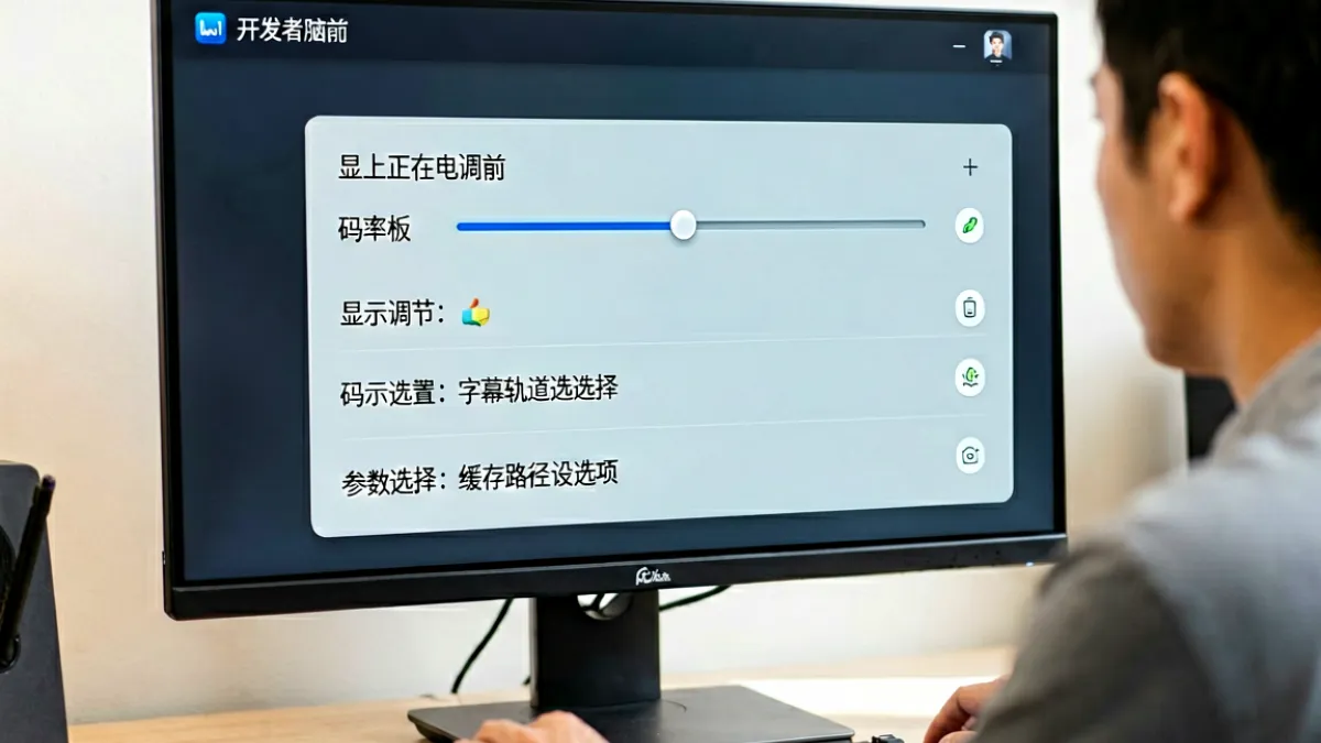 开发者正在电脑前配置开源视频播放器参数面板，屏幕上显示码率调节滑块、字幕轨道选择和缓存路径设置选项