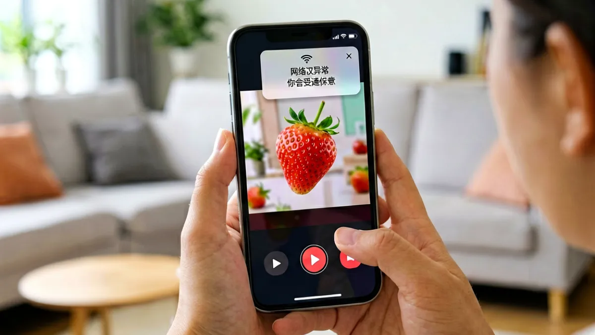 手机屏幕显示草莓tv播放器界面，右上角弹出网络异常提示弹窗，手指正点击确认按钮